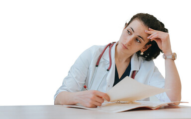 Tired doctor sitting at desk thoughtfully looks away holds diagnosis of patient. Upset medical...