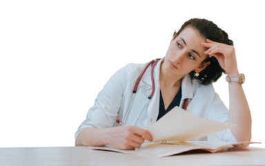 Tired doctor sitting at desk thoughtfully looks away holds diagnosis of patient. Upset medical employee at against transparent background. Exhausted nurse