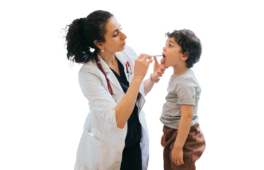 young woman, a doctor with a stethoscope around her neck in a medical gown is checking the throat of a little boy with a special instrument against transparent background.