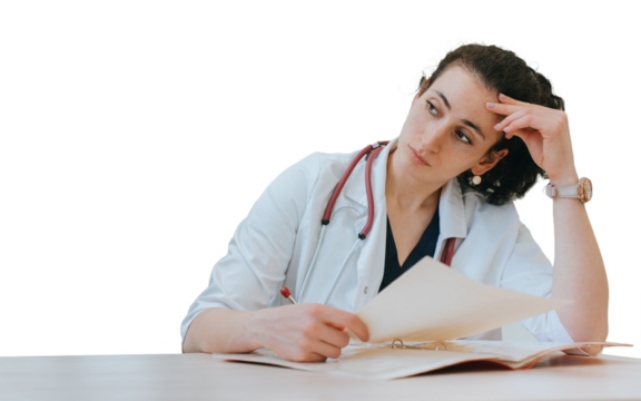 Tired doctor sitting at desk thoughtfully looks away holds diagnosis of patient. Upset medical employee at against transparent background. Exhausted nurse - Powered by Adobe