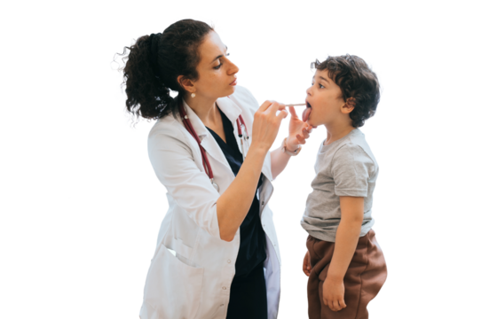 young woman, a doctor with a stethoscope around her neck in a medical gown is checking the throat of a little boy with a special instrument against transparent background.