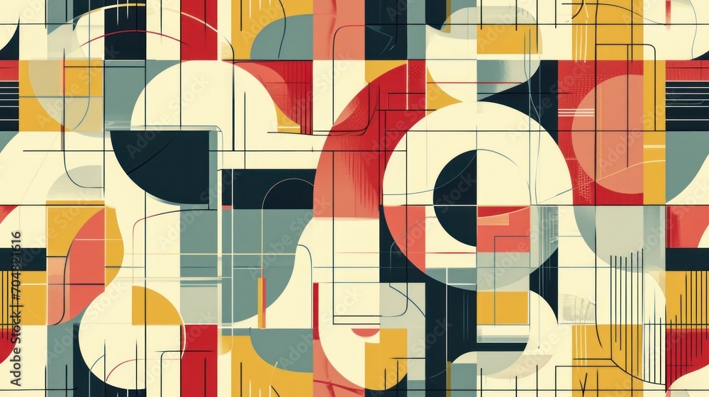 Poster a multicolored abstract pattern of circles and rectangles on a beige background with black, red, yel