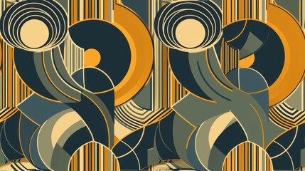  an art deco wallpaper with an abstract design in shades of blue, yellow, green, and brown on a beige background.