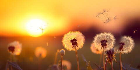 dandelion on the meadow,Beautiful Dandelion Field With Flying Seeds At Sunset, generative ai ,Green leafy plant between closed buds of yellow flowers on blue water background ,A dandelion blowing seed
