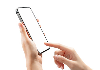 Gesture of hand holding smartphone with a blank screen, mock-up for application mobile, modern design.