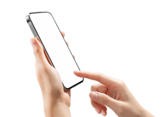 Gesture of hand holding smartphone with a blank screen, mock-up for application mobile, modern design.
