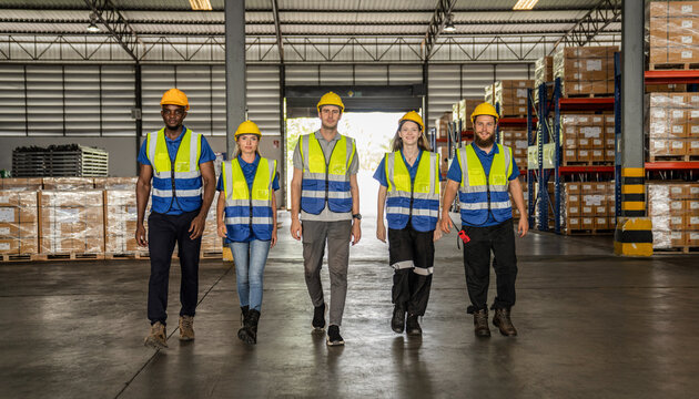 Professional warehouse worker team full skill quality for maintenance and training in industry factory workers, warehouse Workshop for factory operators, mechanical engineering team production.