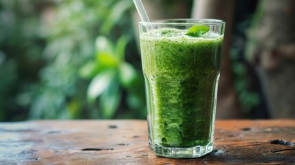  a glass filled with a green drink sitting on top of a wooden table next to a green leafy bush.