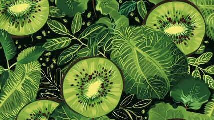  a bunch of green leaves with a kiwi in the middle of the center of the image on a black background.