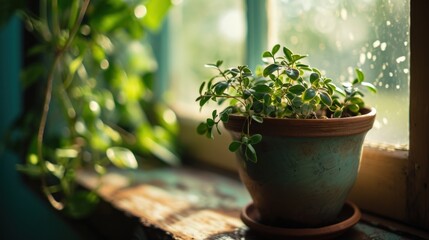  a potted plant sitting on a window sill next to a window sill with green plants growing out of it.