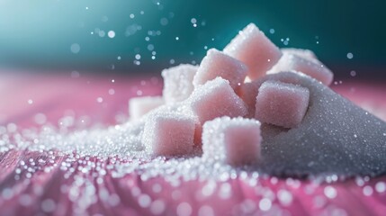  a pile of sugar cubes sitting on top of a pink table covered in white flecks of sugar.