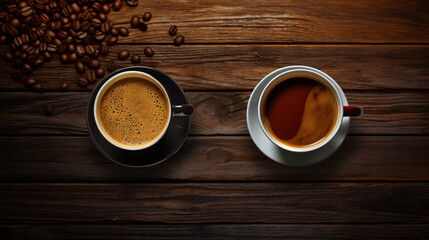 Cup of coffee and tea on wooden background
