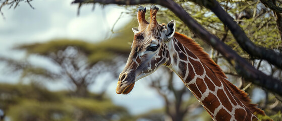 a giraffe with landscaper wallpaper, wildlife photo, with empty copy space