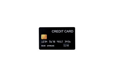 Black credit card mockup with security chip embedded on transparent background