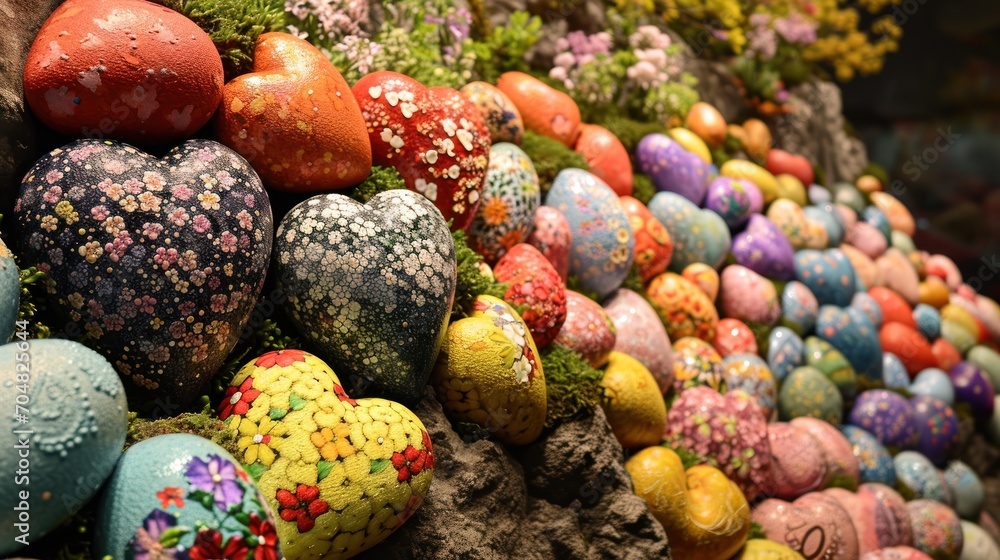 Poster a display of painted rocks with flowers and plants on them in a store front window or on the side of