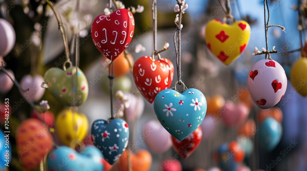 Poster a bunch of colorful heart shaped ornaments hanging from a line of strings in front of a building wit