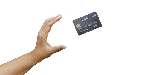 Woman hand and black credit card mockup floating, used for online shopping and online transactions. on transparent background