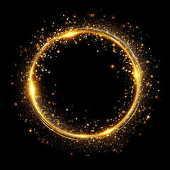 Gold glitter circle of light shine sparkles and golden spark particles in circle frame on black background, ai technology