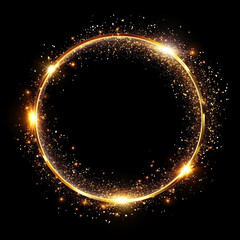 Gold glitter circle of light shine sparkles and golden spark particles in circle frame on black background, ai technology