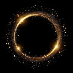 Gold glitter circle of light shine sparkles and golden spark particles in circle frame on black background, ai technology