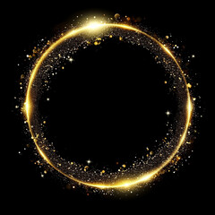 Gold glitter circle of light shine sparkles and golden spark particles in circle frame on black background, ai technology