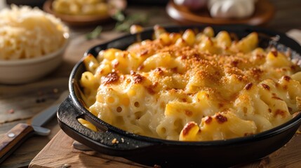  a pan filled with macaroni and cheese on top of a wooden cutting board next to a bowl of macaroni and cheese.