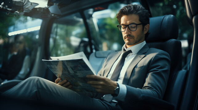 Futuristic concept handsome stylish businessman in Ai smart car