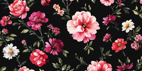 Deurstickers Watercolor Seamless Drawing Floral Blossom Botanical Texture Painting Flower Pattern black Fabric Print Nature Background Illustration.Vintage Spring Pink Color Plant Garden Painting Wallpaper Design © safu10190
