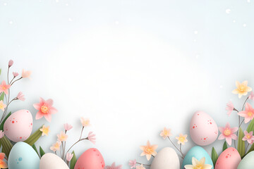 Fototapeta na wymiar Easter eggs on blue background, joyful spring festival