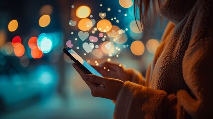 Cozy Evening Smartphone Use with Heart Bokeh.
Person using smartphone with heart-shaped bokeh lights.
