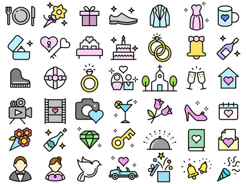 Basic line color vector icon collection about marriage and love