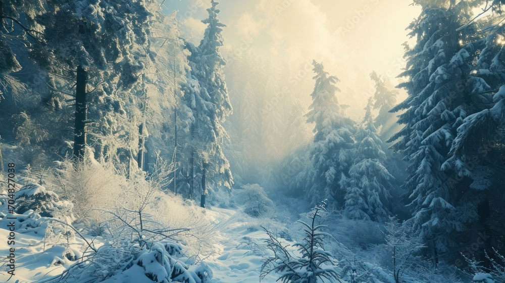 Poster the sun shines through the foggy trees in a snowy area with snow on the ground and trees in the fore