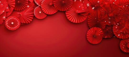 Paper flowers and a fan on red background. Copy space. Mockup for Chinese New Year.