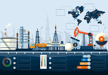 Oil and Gas industry infographic with offshore oil rig, tanker, pump, transportation, factory and gas station. Vector illustration eps10 - obrazy, fototapety, plakaty