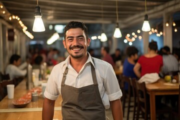 Fototapeta premium A Latin American man smiles at the camera against the background of a bar, cafe.