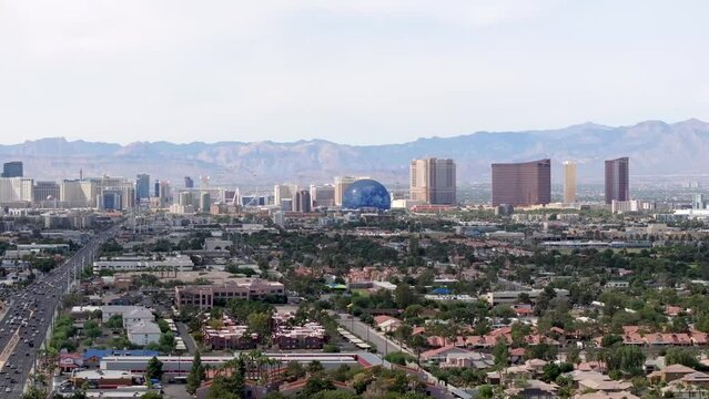 The Las Vegas strip skyline against the mountains; scenic aerial view