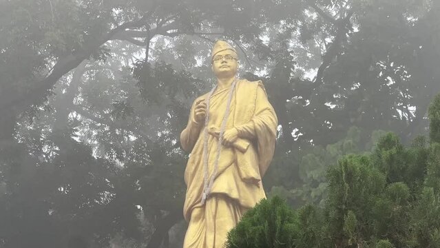 Close up shot of Golden colored statue of Netaji Subhash Chandra Bose in a park in Kolkata.