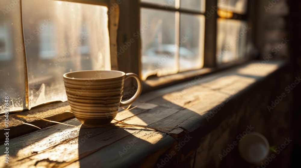 Poster a stack of coffee cups sitting on top of a window sill next to a stack of windowsills.