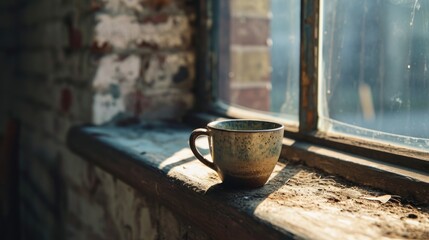  a cup sitting on a window sill next to a window sill with a brick wall in the background.