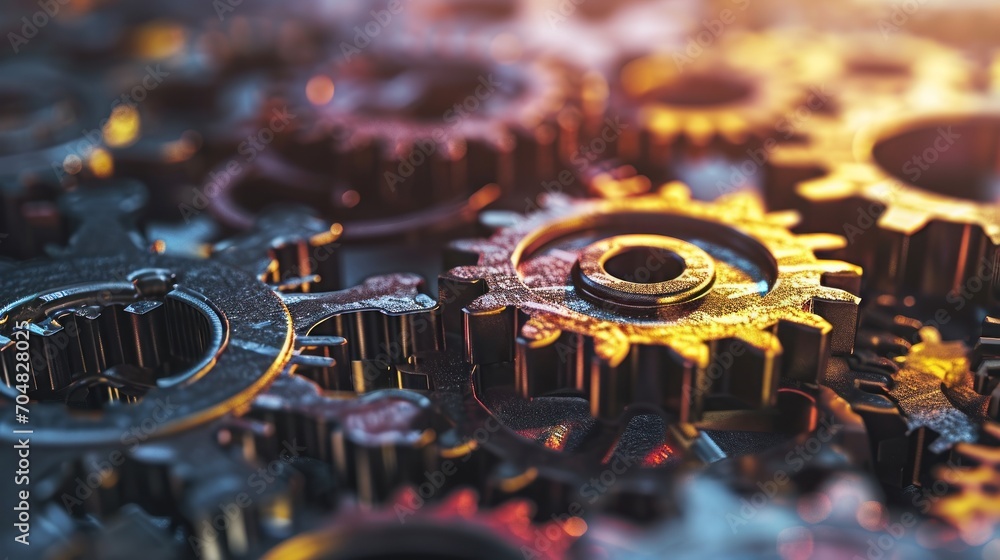 Poster a close up of a bunch of gears on top of each other with a blurry background of the gears.