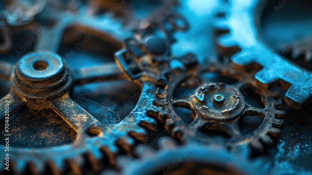 Poster a close up of a clock face with many gears attached to the side of the face and a second part of the