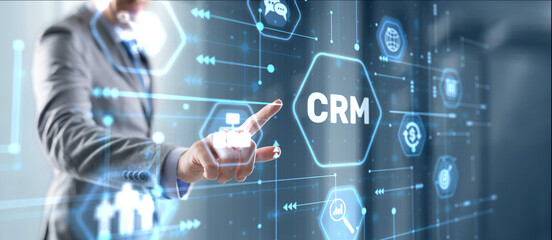CRM Customer Relationship Management. Businessman clicks. Business Internet Technology Concept