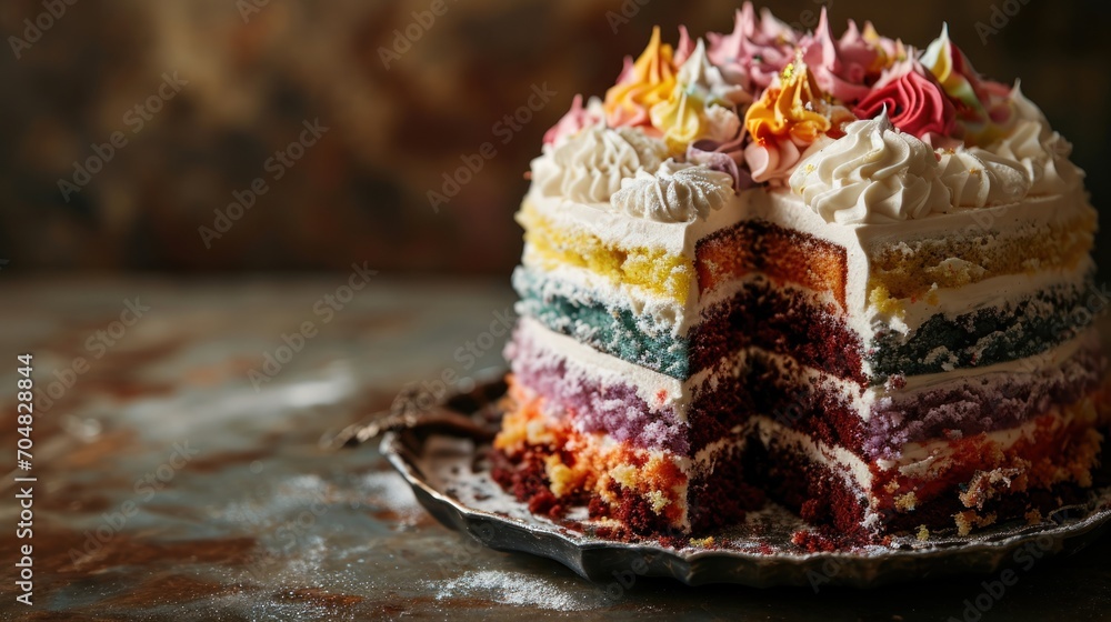 Aufkleber a multi - layer cake with white frosting and colorful decorations on top of a metal platter on a tab