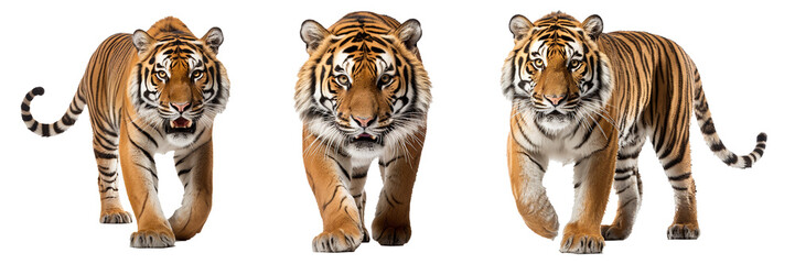 Collection of walking tiger isolated on transparent background. The wild tiger walks and looks at the prey. Generative AI