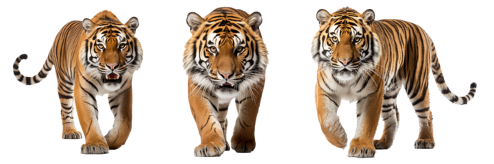 Collection of walking tiger isolated on transparent background. The wild tiger walks and looks at the prey. Generative AI
