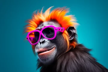 Poster Colorful portrait of smiling happy monkey wearing fashionable sunglasses with hairstyle on monochrome background © Ainur