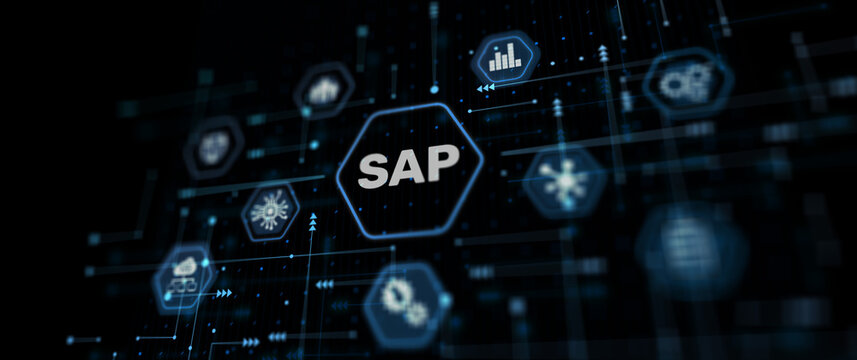 SAP - Business process automation software and management software. Icon on virtual screen