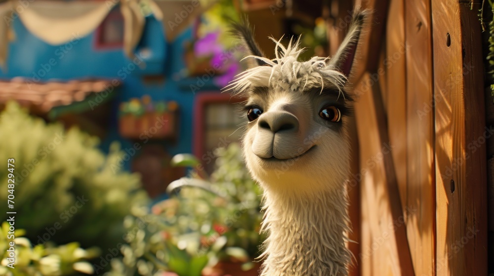 Poster a close up of a llama looking out from behind a fence with a house in the background and flowers in 