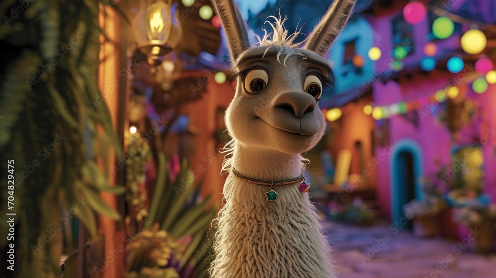 Poster a close up of a llama in front of a building with a lot of lights on the side of it.