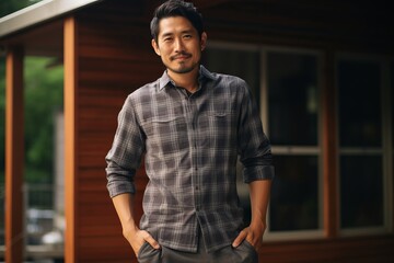 Fototapeta na wymiar Portrait of handsome asian man in checkered shirt standing outdoors.